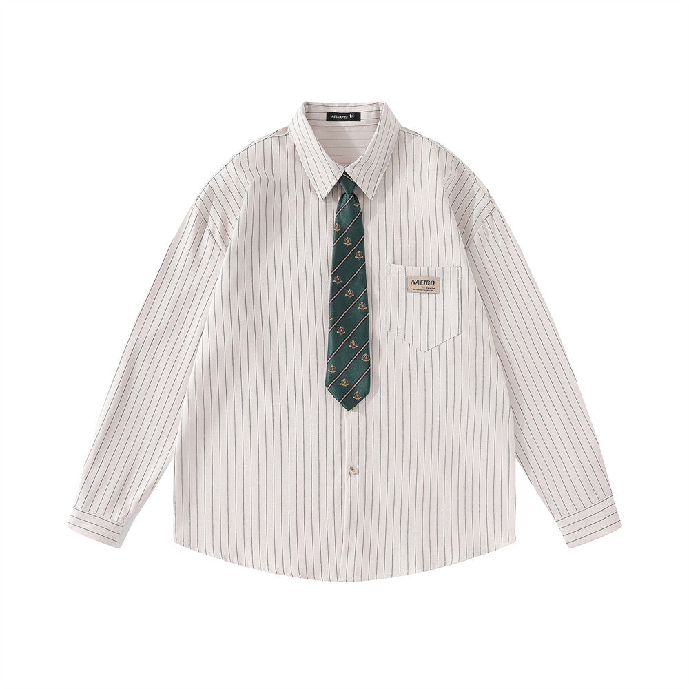 College Style Loose Long Sleeve Shirt With Tie And Vertical Stripes
