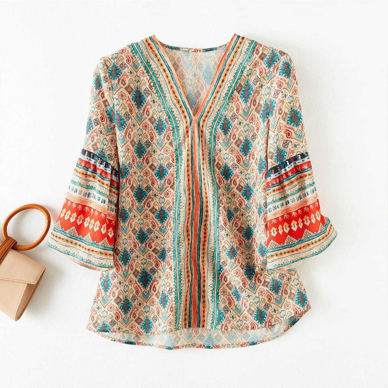 V-neck Loose Flare Three-quarter Sleeve Blouse Women's Top
