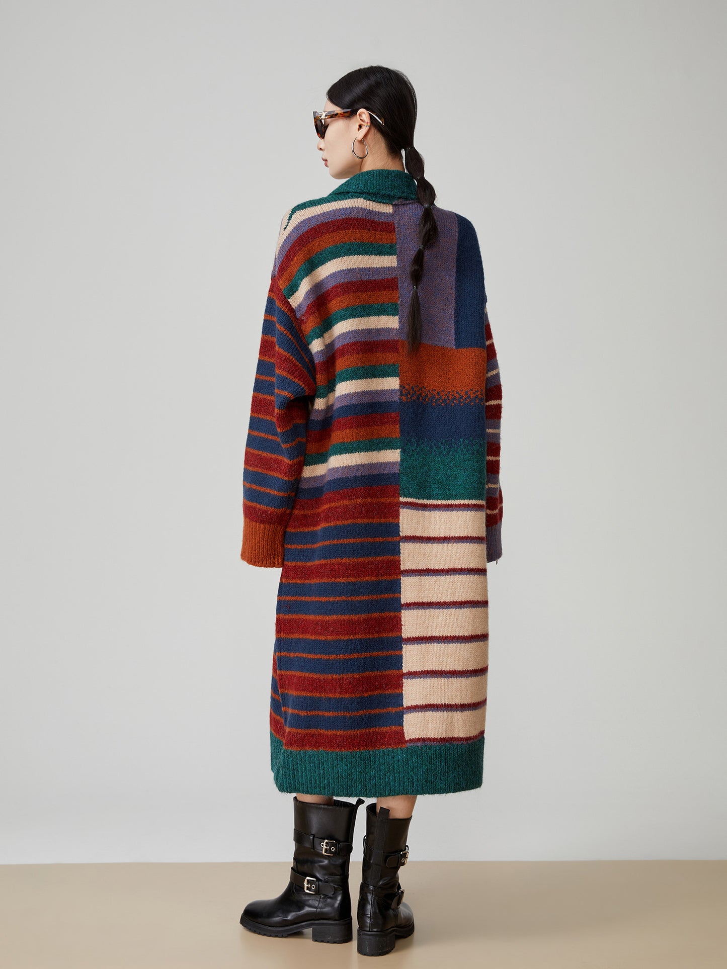 American Retro Color Stripes Long Sweater Coat Women