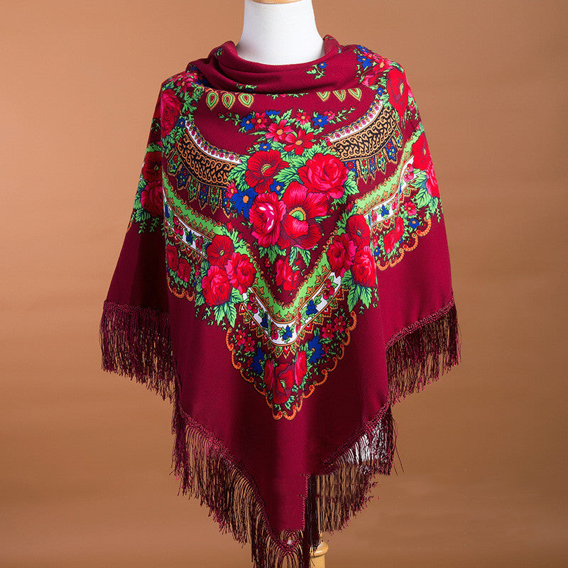 Large Square Scarf Shawl With Ethnic Print Tassels To Keep Warm