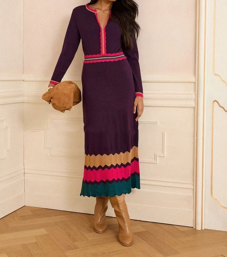 Patchwork V-neck Long Retro Waist-cinched Dress