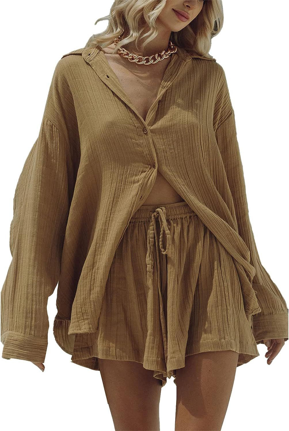 Women's Casual Long-sleeve Shirt And Shorts Set
