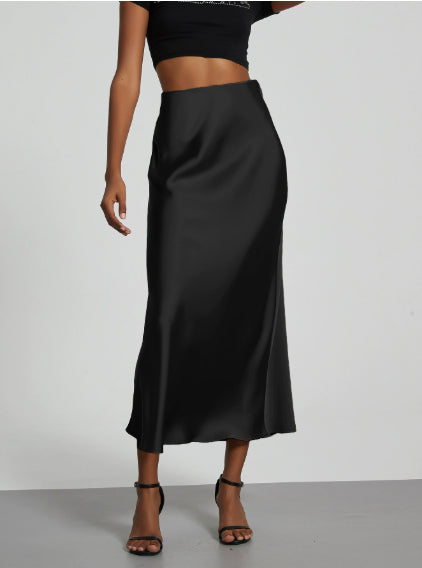 Dame Slim Fit Satin Nederdel Mode Smart Ensfarvet Lang Nederdel