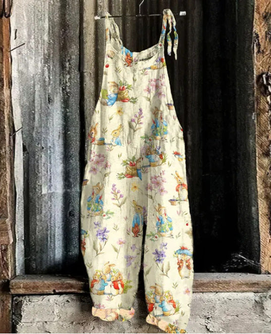 Women's Suspended Pants Sweet Printed Vintage Suspender Pants