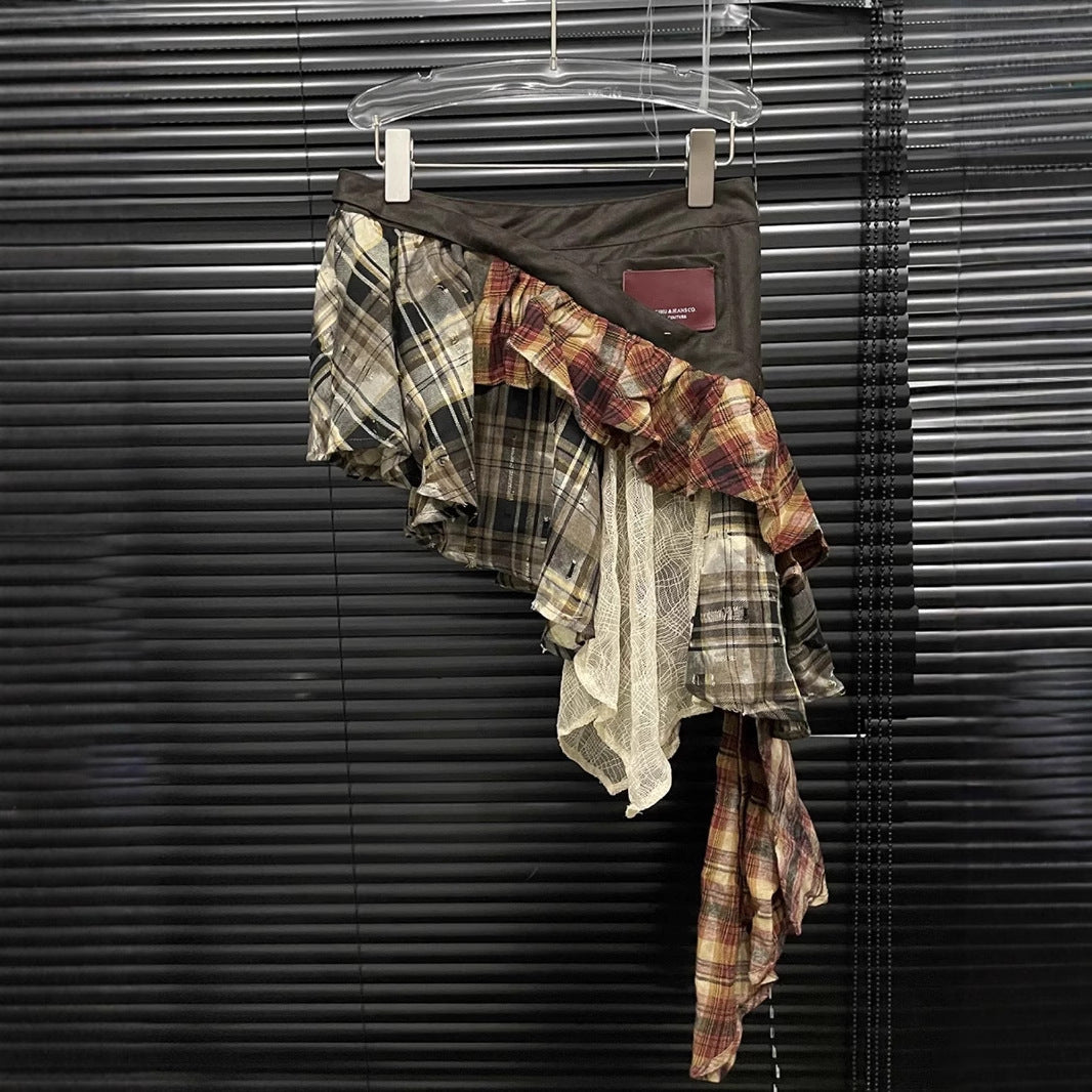 Stitching Tassel Plaid Skirt For Women Irregular Skirt
