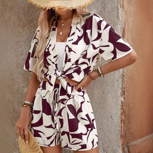 Summer New Arrival Printed Short Sleeve Cardigan And Shorts Two Piece Set