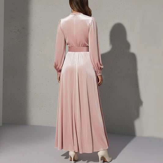 Slimming Waist-cinched Long Dress In Solid Color With A V-neck And Gold Velvet Fabric