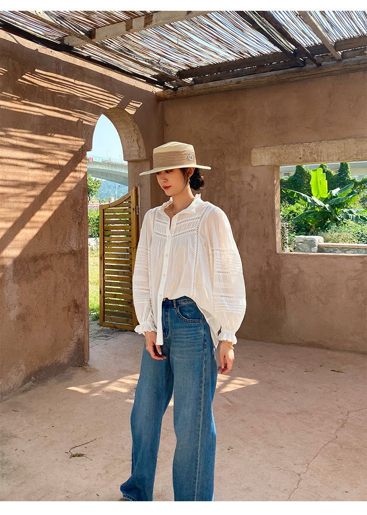 French Style White Shirt Women's Long Sleeve Elegant Cotton Loose