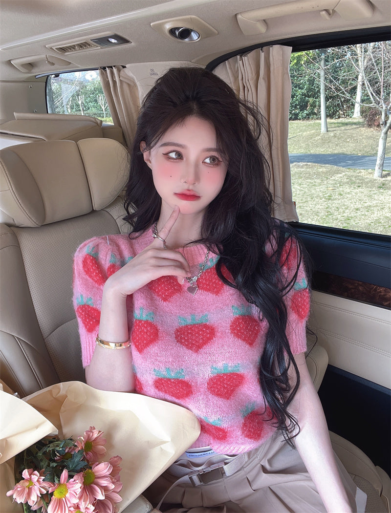 Strawberry Knitted Sweater Slim Fit Short Sleeve