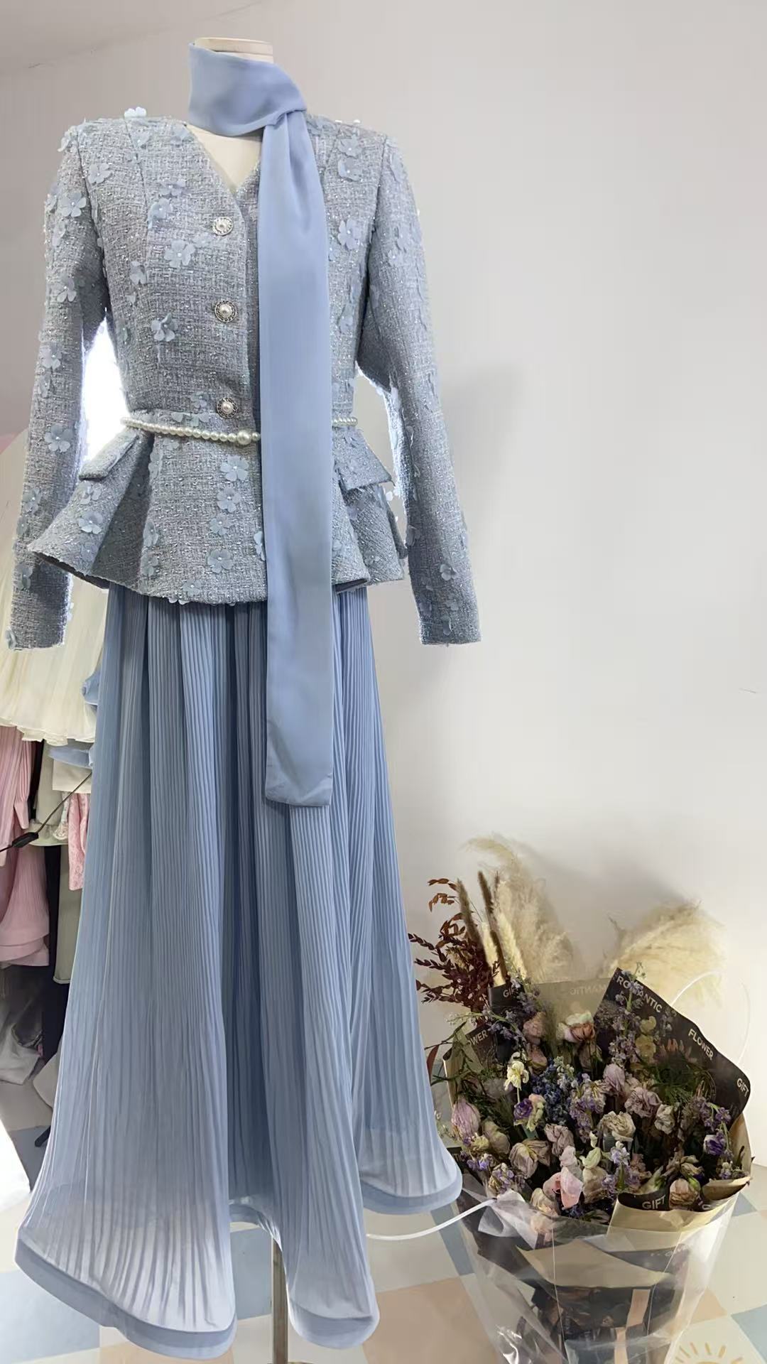 Chanel-style Pearl And Butterfly Jacket With Pleated Skirt Set