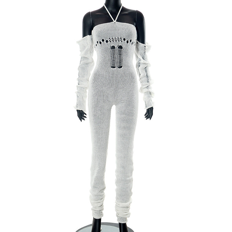 New Wool Over-sleeve Backless Lace-up Jumpsuit