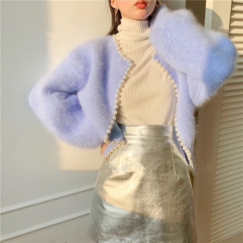 Korean Style Solid Color Fashion Loose Pearl Edge Mink-like Wool Cardigan Sweater