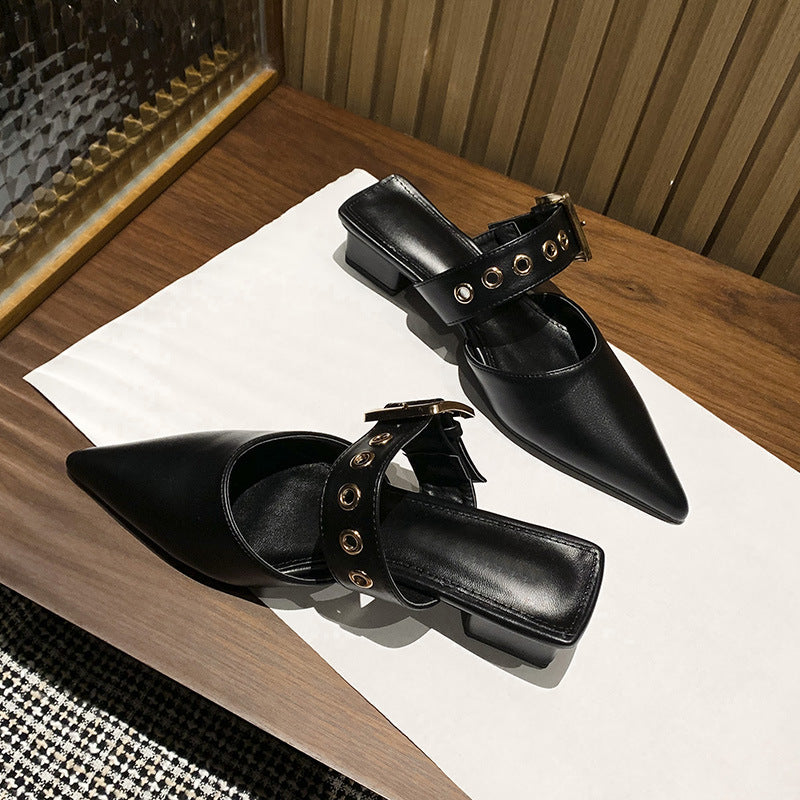 Women's Single Shoes Pointed Toe Sandals Women's Thick Heel Baotou Half Slippers