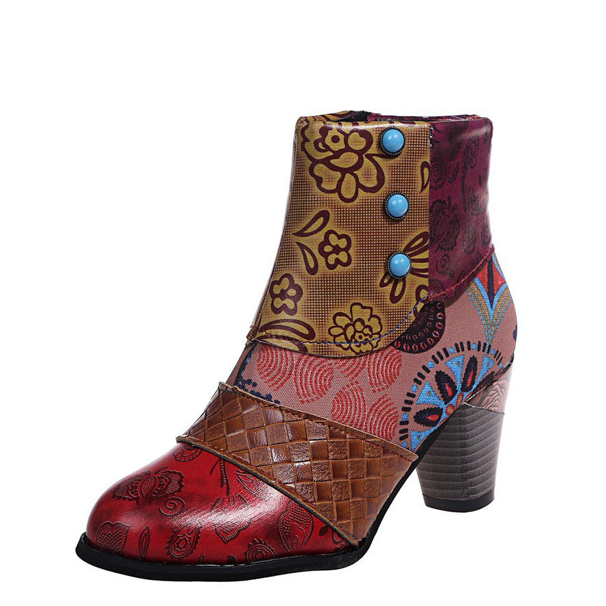 Bohemian Women's Ethnic Style Retro Stitching High-heeled Ankle Boots
