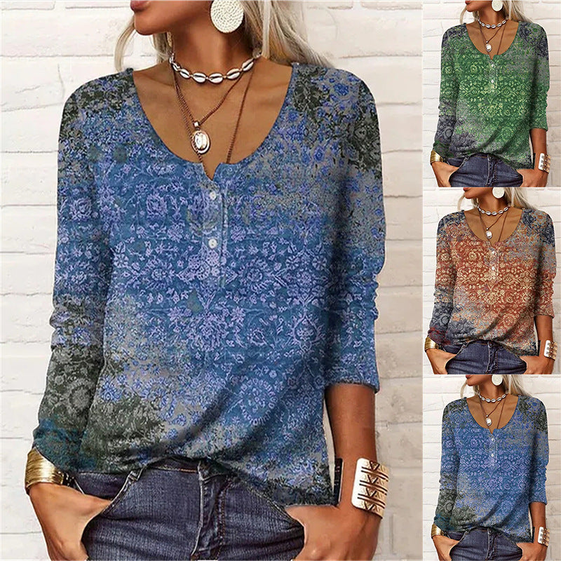 Loose Long-sleeved Geometric Floral U-neck Button T-shirt