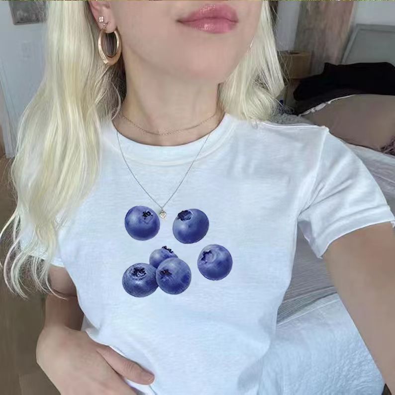 European And American Flower Print Round Neck Short Sleeve Midriff-baring Top T-shirt