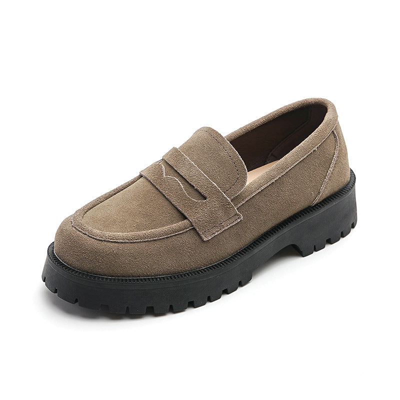 Loafers Comfort And Casual Matte Cowhide British Style Women's Shoes Chunky Heel Platform Slip-on Retro