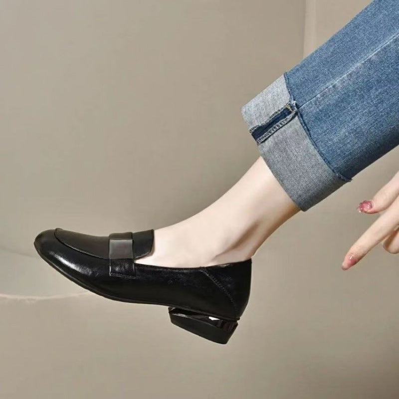 Women's Soft Bottom Round Head Thick Heel Leather Shoes