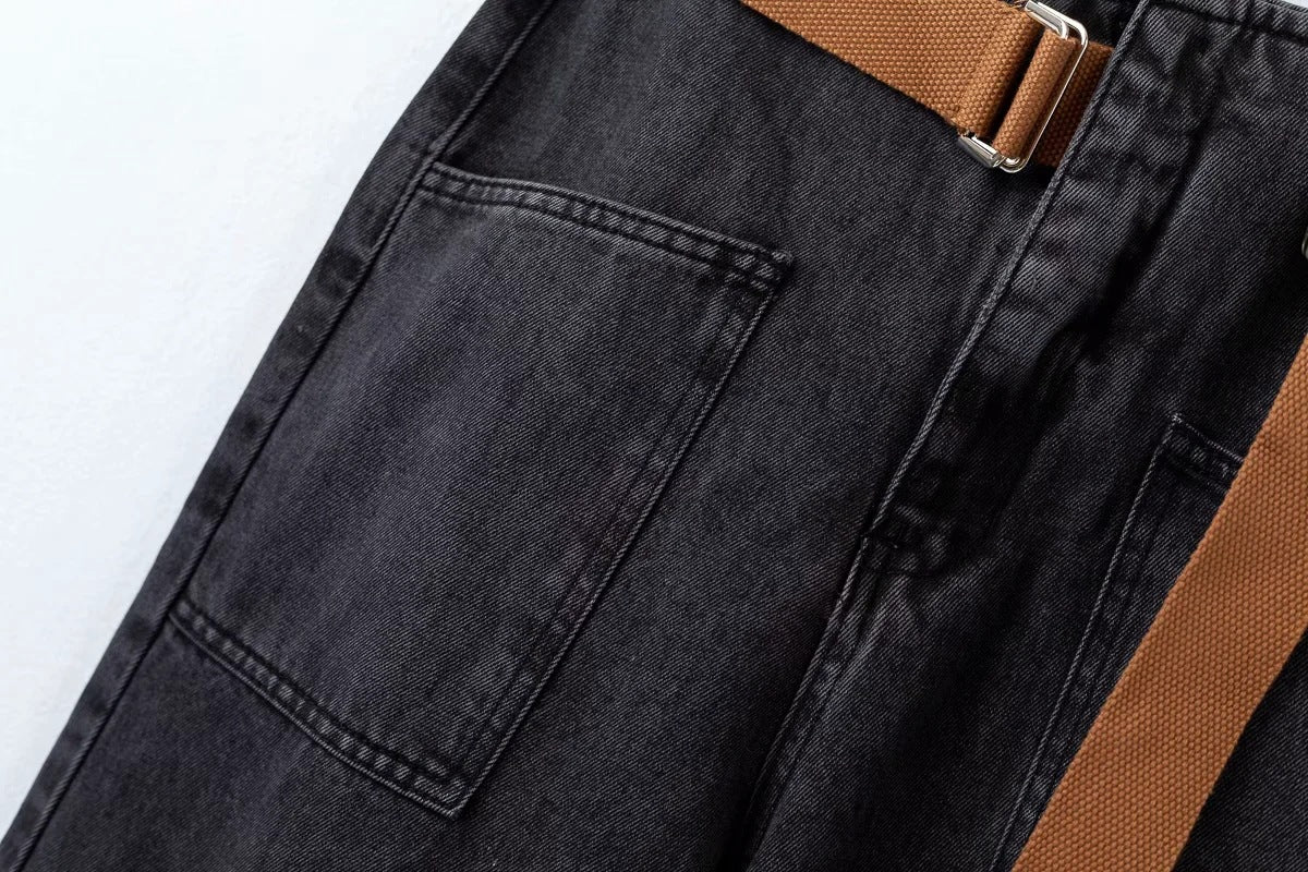 Ladies Polyester Denim Daddy Pants With Belt