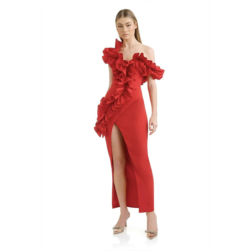 Multi-color One-shoulder Ruched Sexy Bandage Dress For Socialites