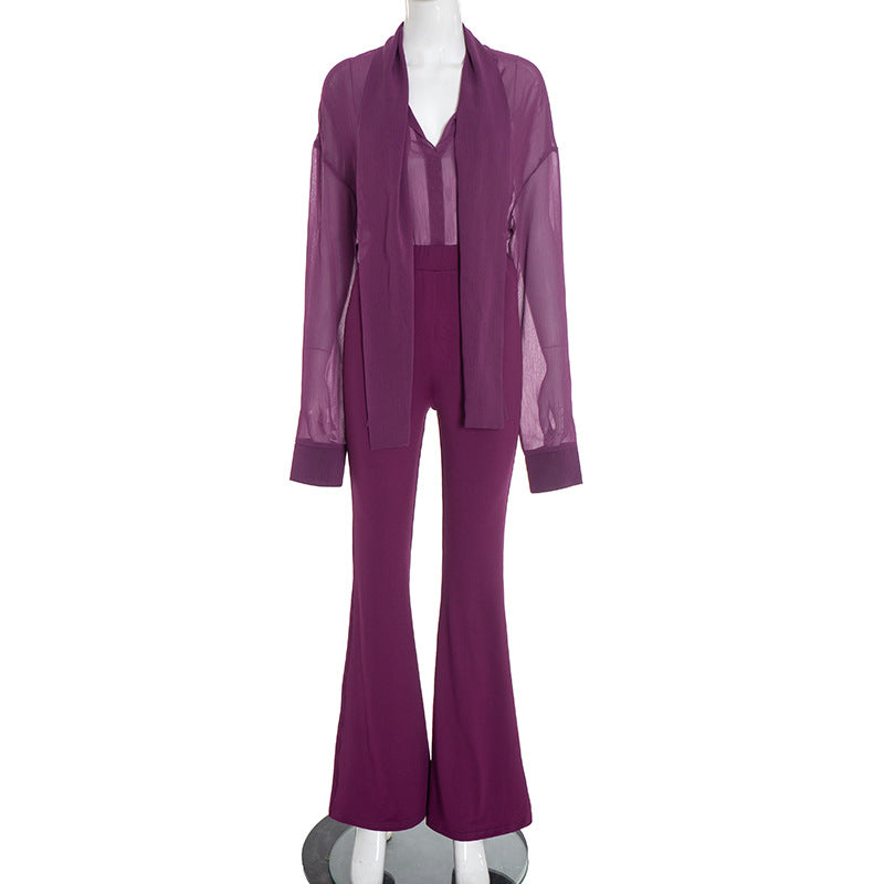 Mesh Ribbon Top With Long Sleeves And Flared Pants A Sassy Two-piece Set