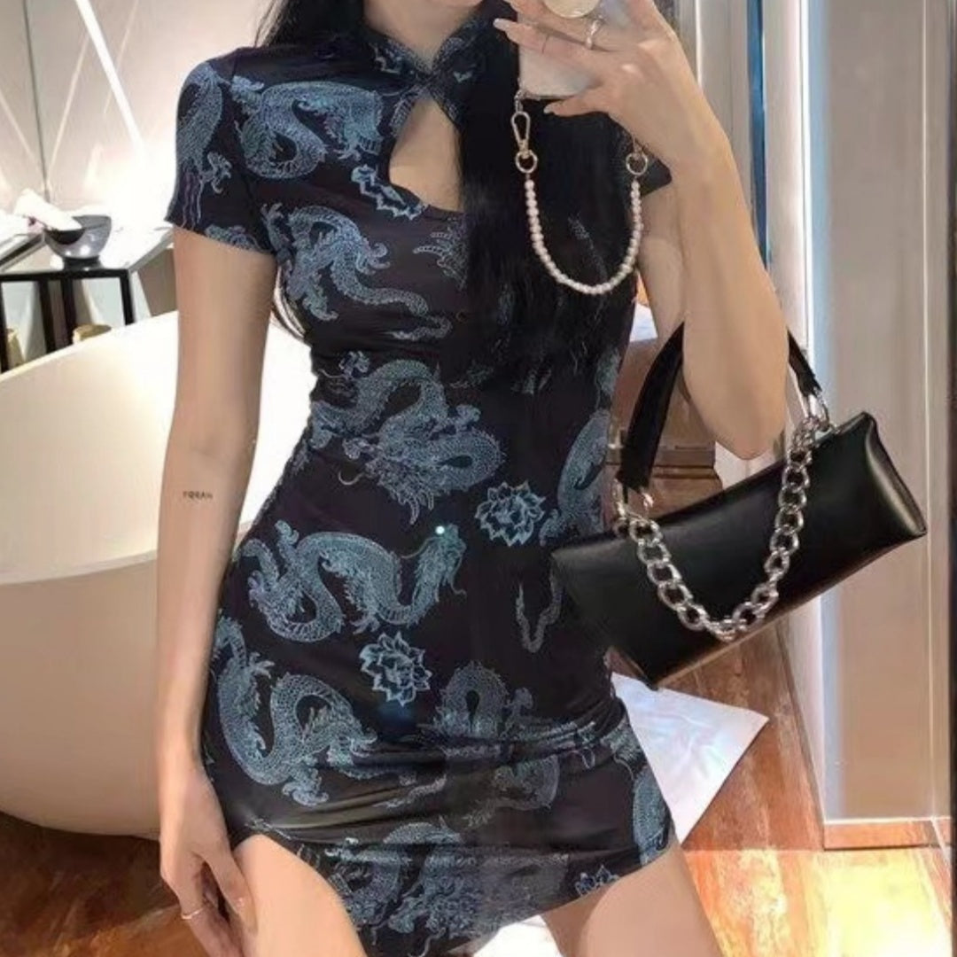 Womens Hollowed-out Form-fitting Cheongsam With A Slit