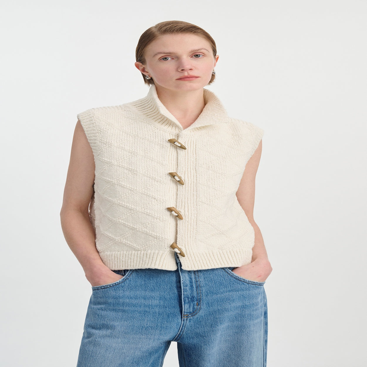 Vintage Cotton Texture Diamond Lattice Woven Cardigan Vest