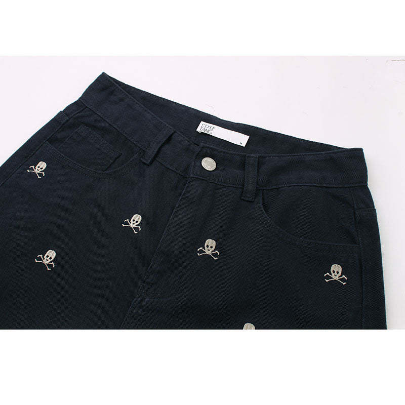 Female Tibetan Blue Skeleton Head Straight Tube Loose Relaxed Pants