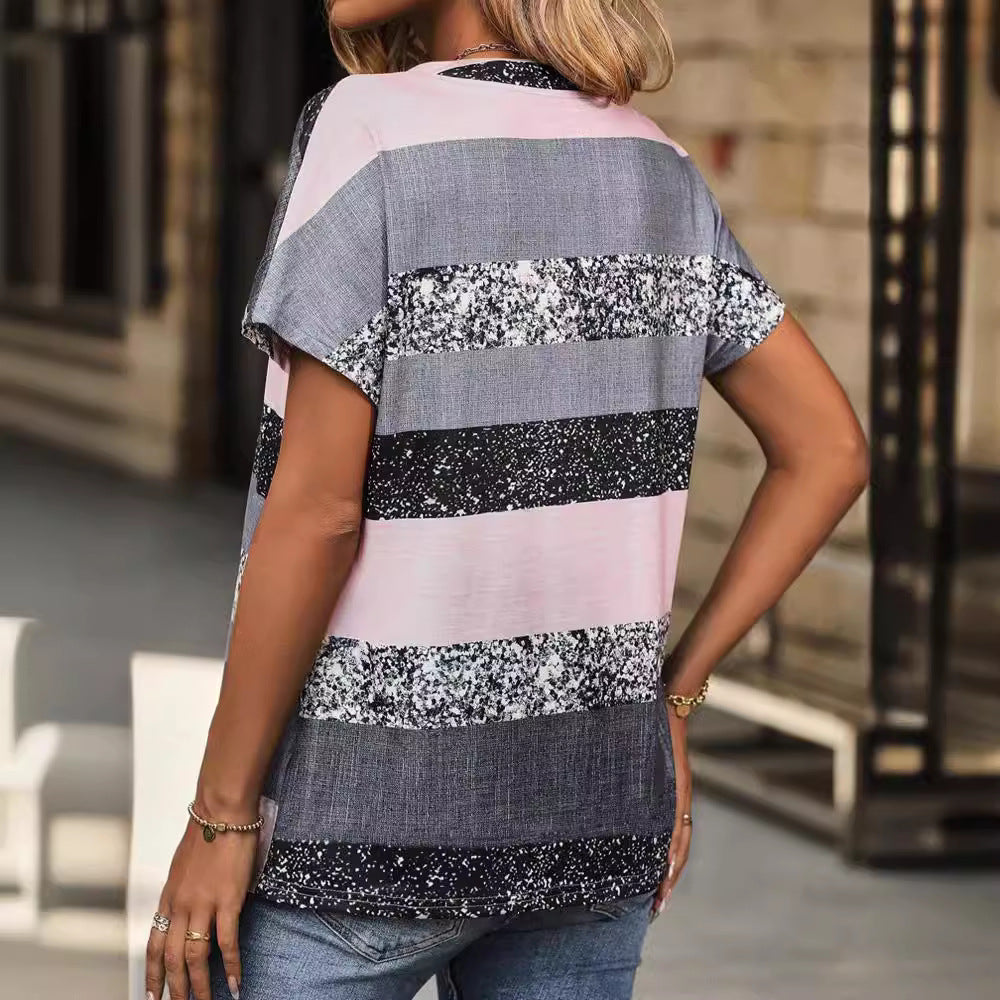 Popular Summer V-neck Striped Short Sleeve Women