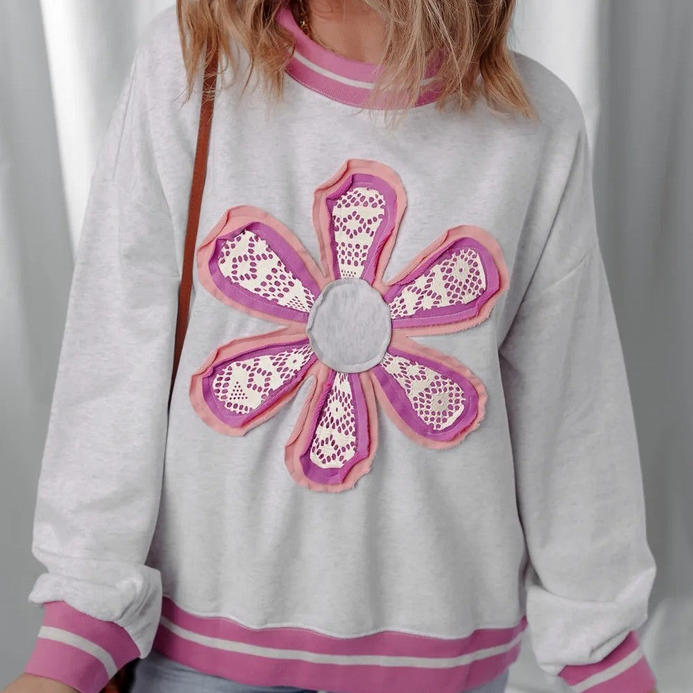 Gray Flower Patch Contrast Trim Crew Neck Sweatshirt