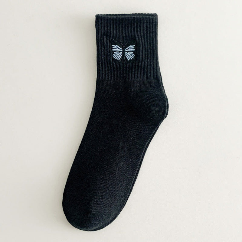 Women's Fashion Solid Color Butterfly Embroidered Mid-calf Socks