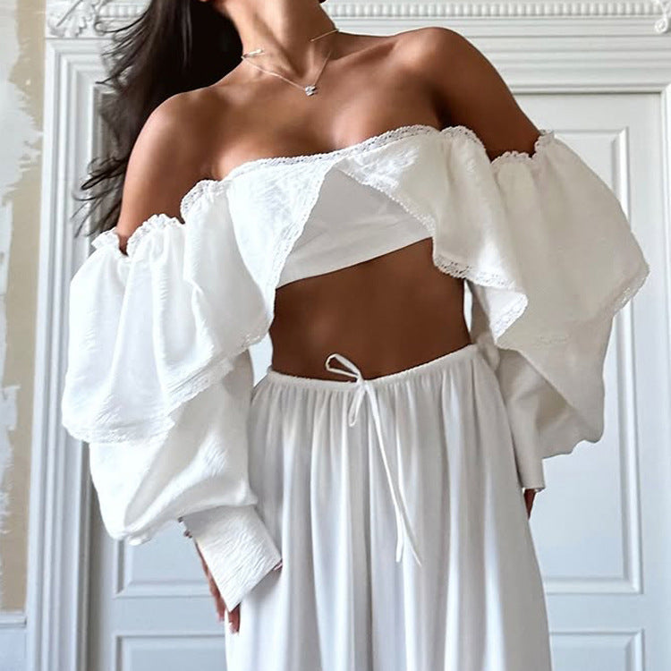 Square Neck Tie-up Lace-trimmed Crop Shirt