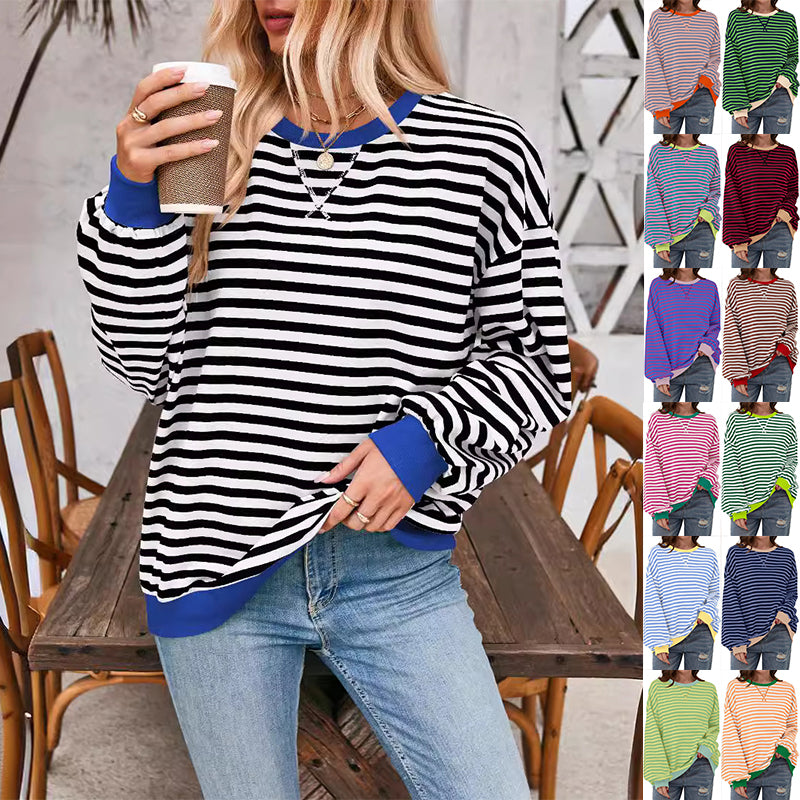 Løs stribet langærmet T-shirt afslappet pullover sweater til dametøj