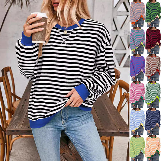 Løs stribet langærmet T-shirt afslappet pullover sweater til dametøj