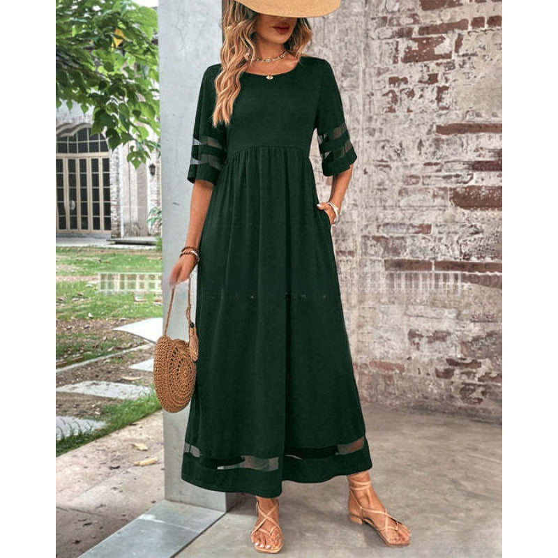 Womens Half-Sleeve Mesh Crew-Neck Patchwork Pocket Dress