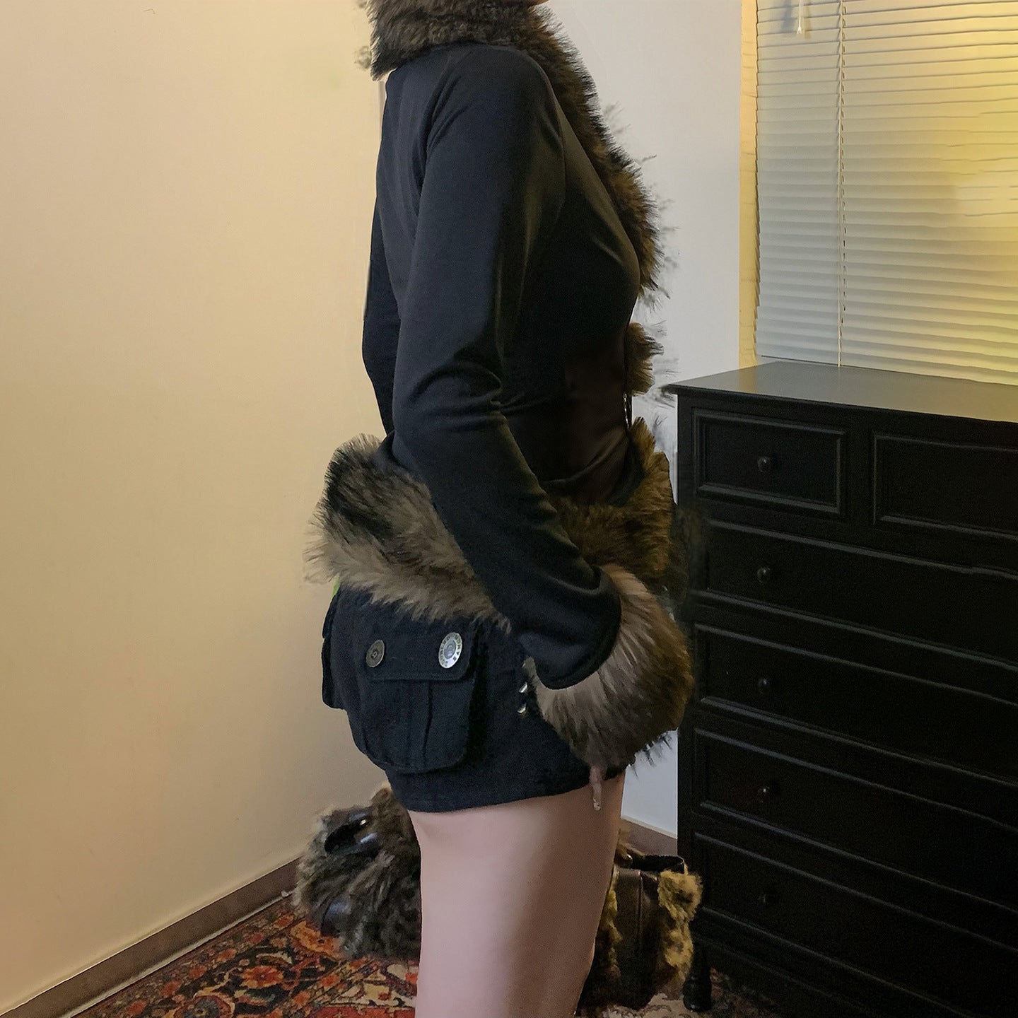 Retro Fuzzy Patchwork Leather-Button Cinched Waist Cardigan