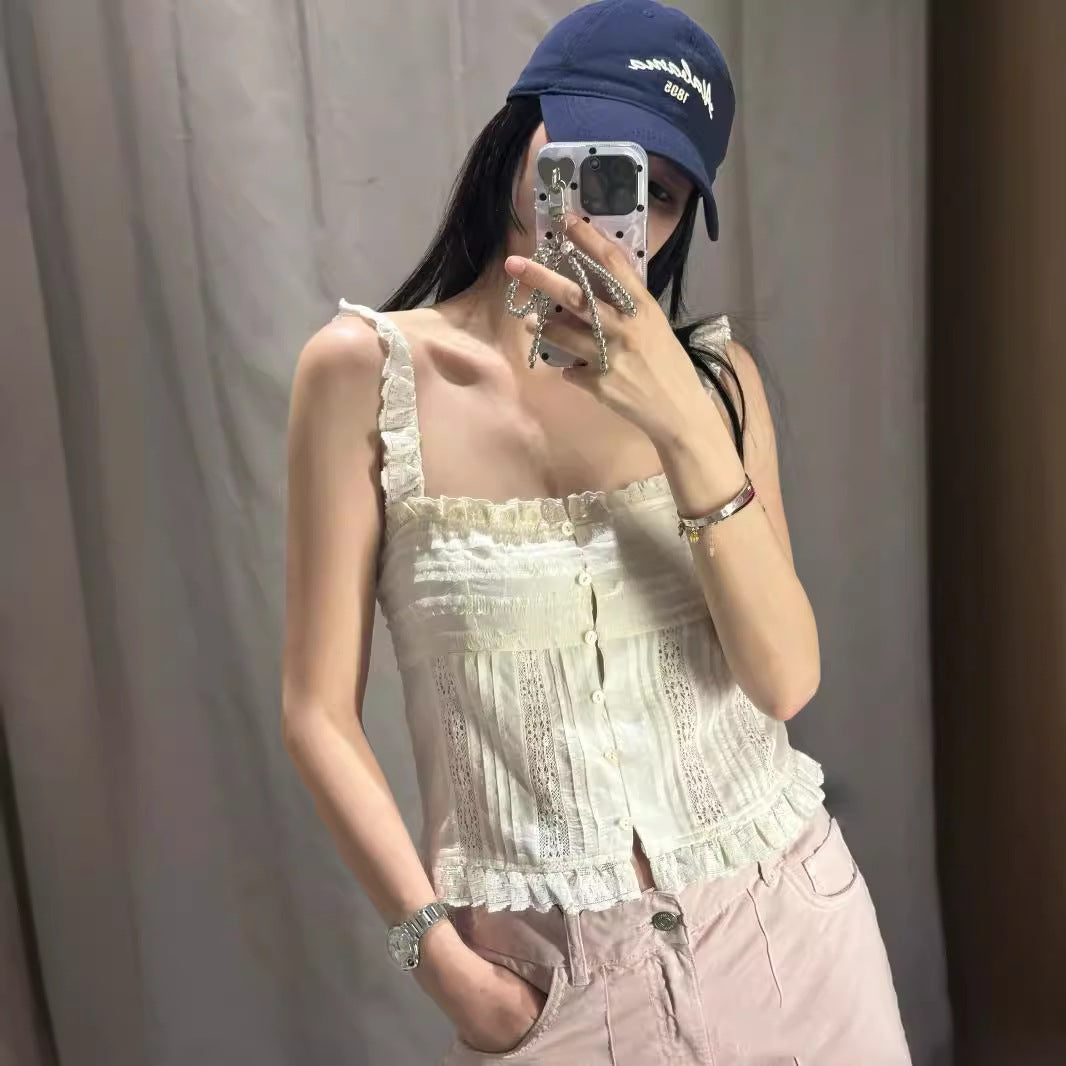 All-match Embroidered Ruffled Camisole Straight Collar Vest