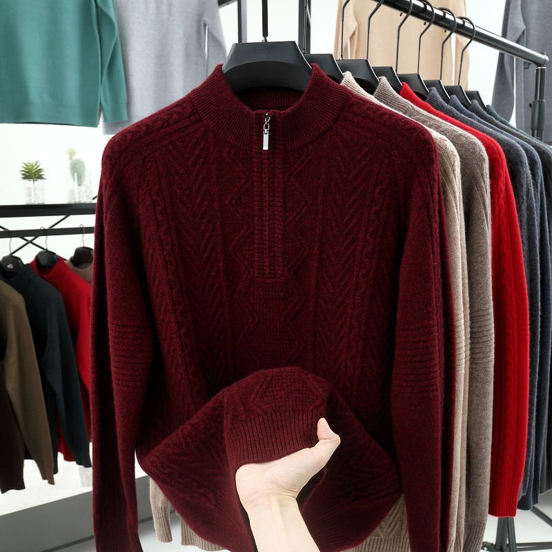 Wool  Men's Sweater Half Turtleneck Zipper Sweater