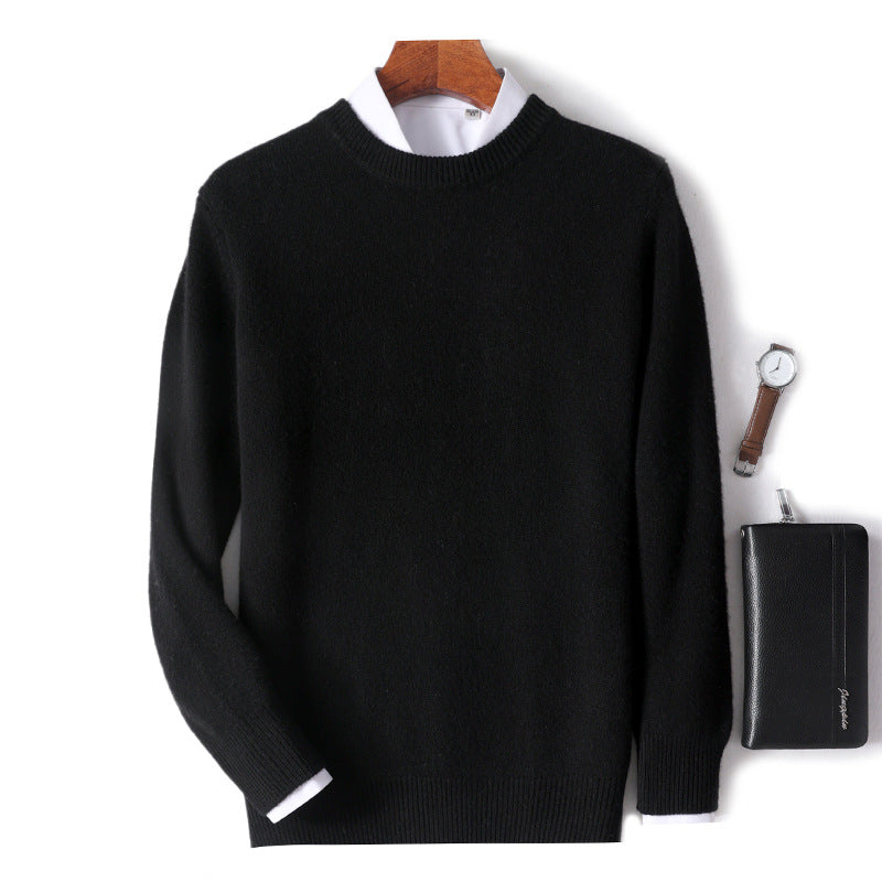 Mænds tykke pullover fåreuldssweater løs rundhals ensfarvet sweater