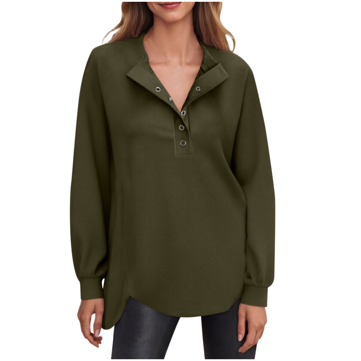 Dame Casual Ensfarvet Rund Hals Bluse med Knapper og Lange Ærmer