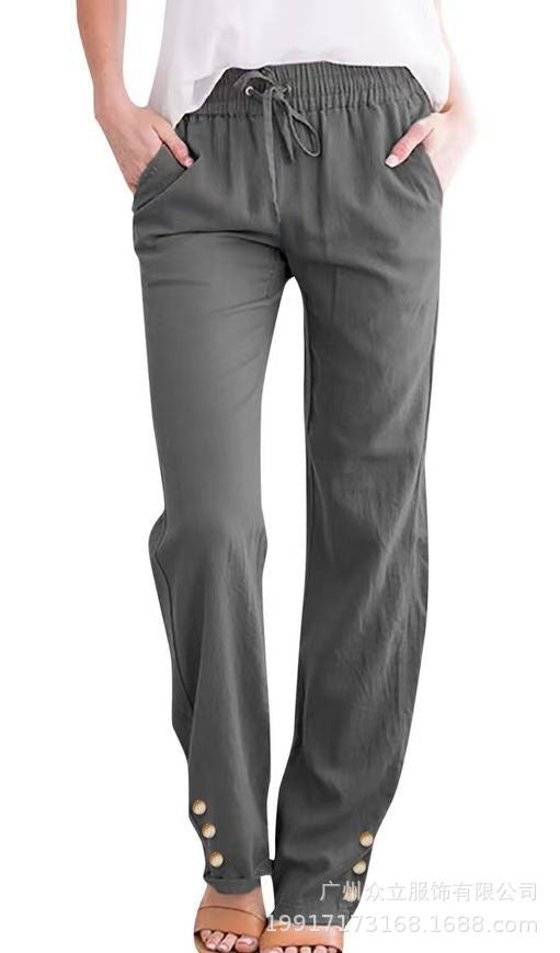 Solid Color Cotton And Linen Loose Drawstring Button Casual Wide-leg Trousers
