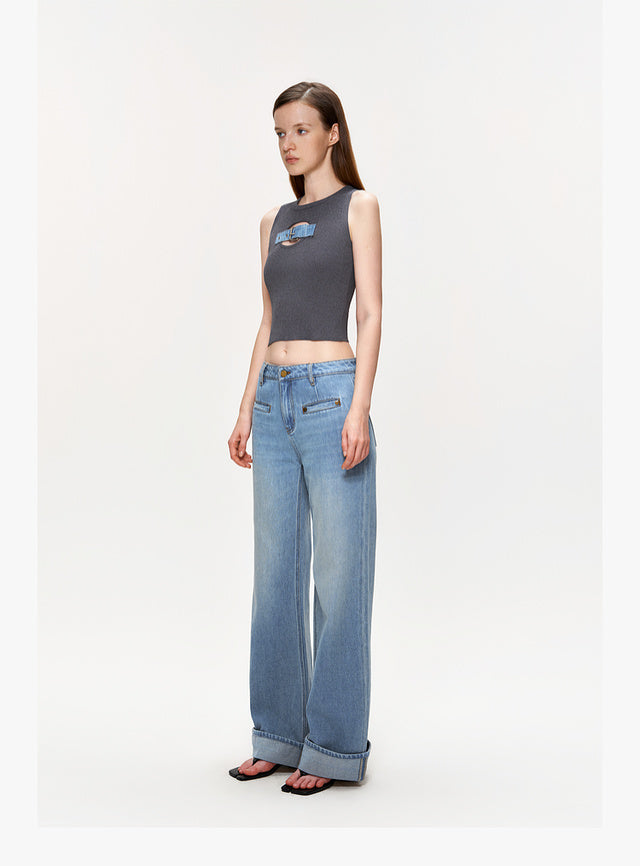 Sequined Jeans Button Vest Knitted Top