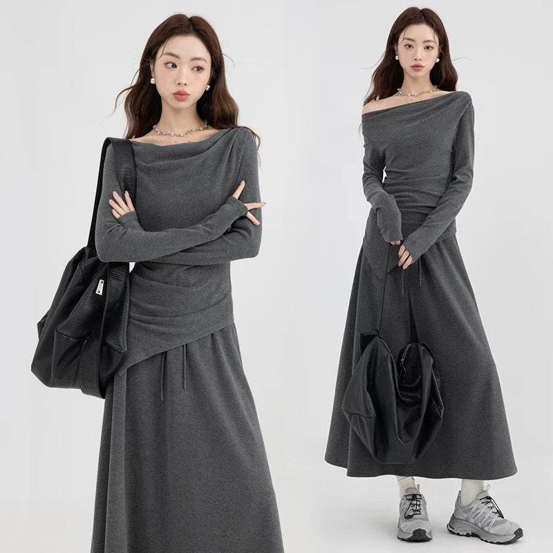 Casual Asymmetrical Top And Off-the-shoulder Skirt Set