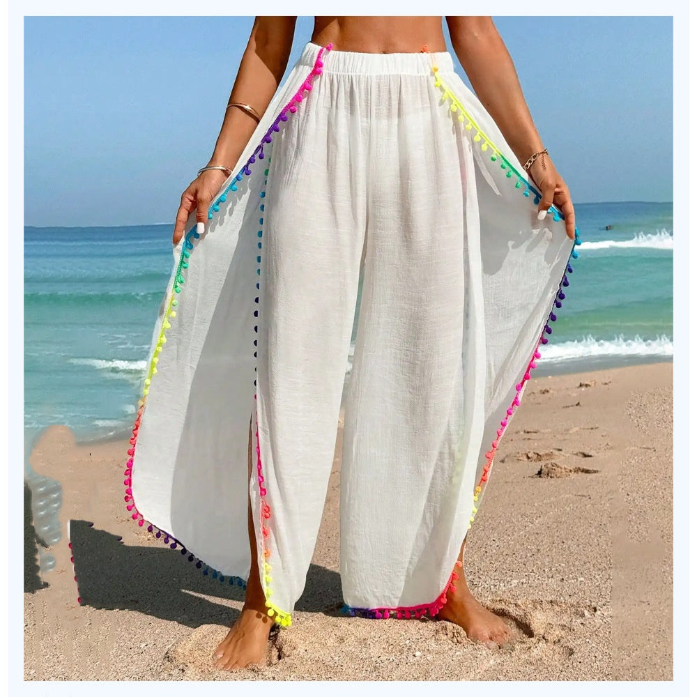 Colorful Tassel-patched Loose Asymmetrical Beach Pants