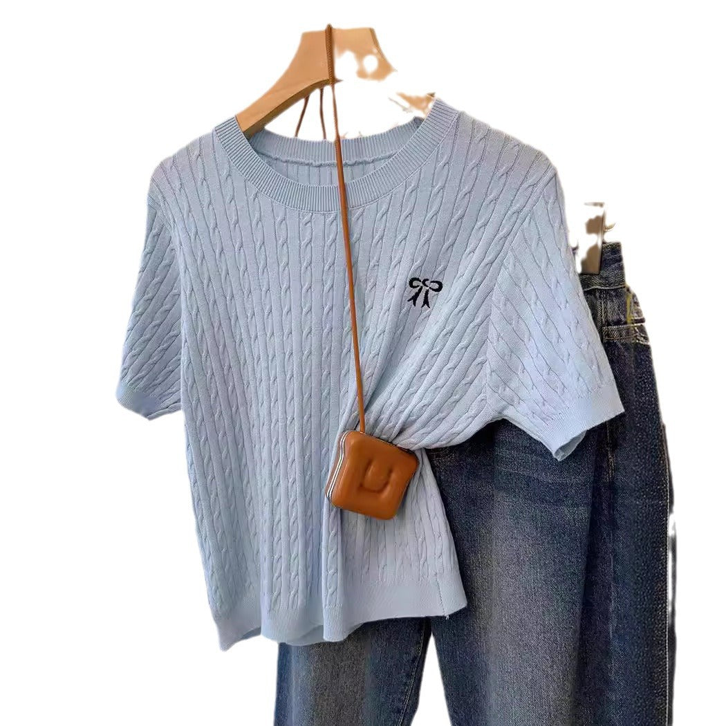 Twist Round Neck Embroidered Short-sleeved T-shirt Short Inner Sweater