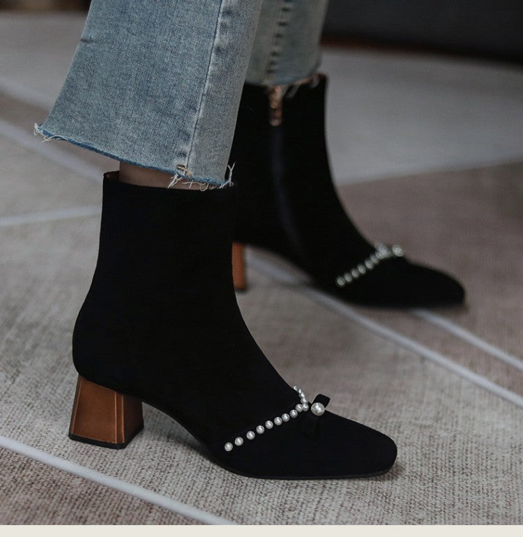 Thick Heel Round Head Pearl Bow Knot Side Zipper Short Boots Mid Heel