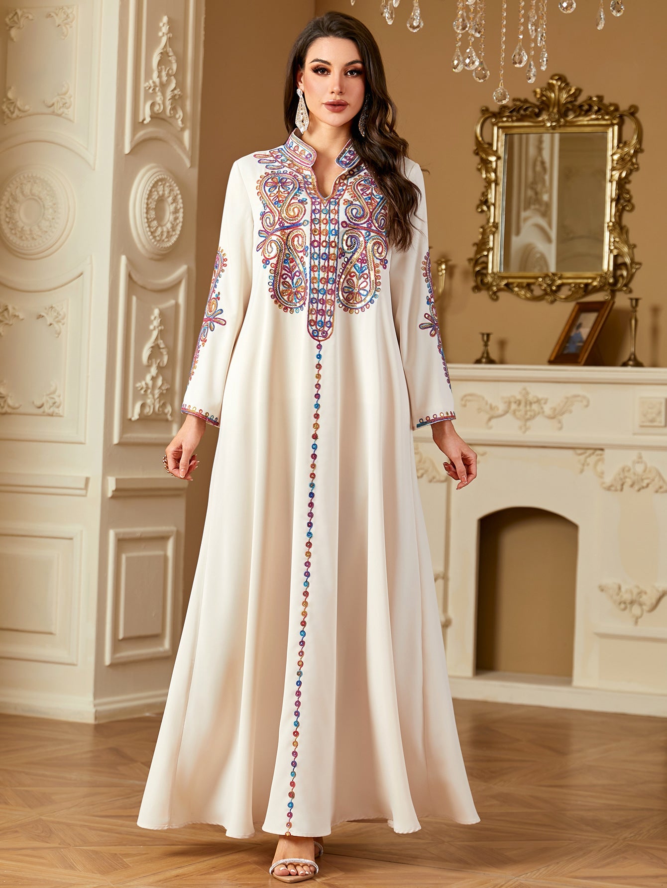 Elegant Beaded Embroidery Dress For Muslim Women In A Long Robe Style