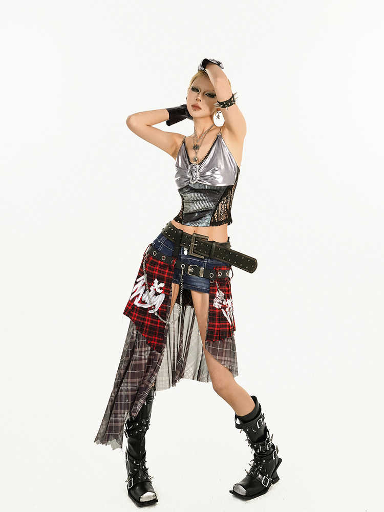 Women's Two Belt Plaid Girdle Skirt
