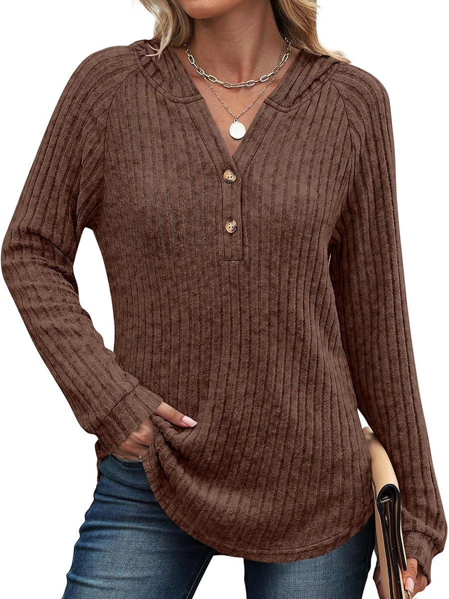 Solid Color And V-neck Button Loose Hooded Fleece Knitted Top