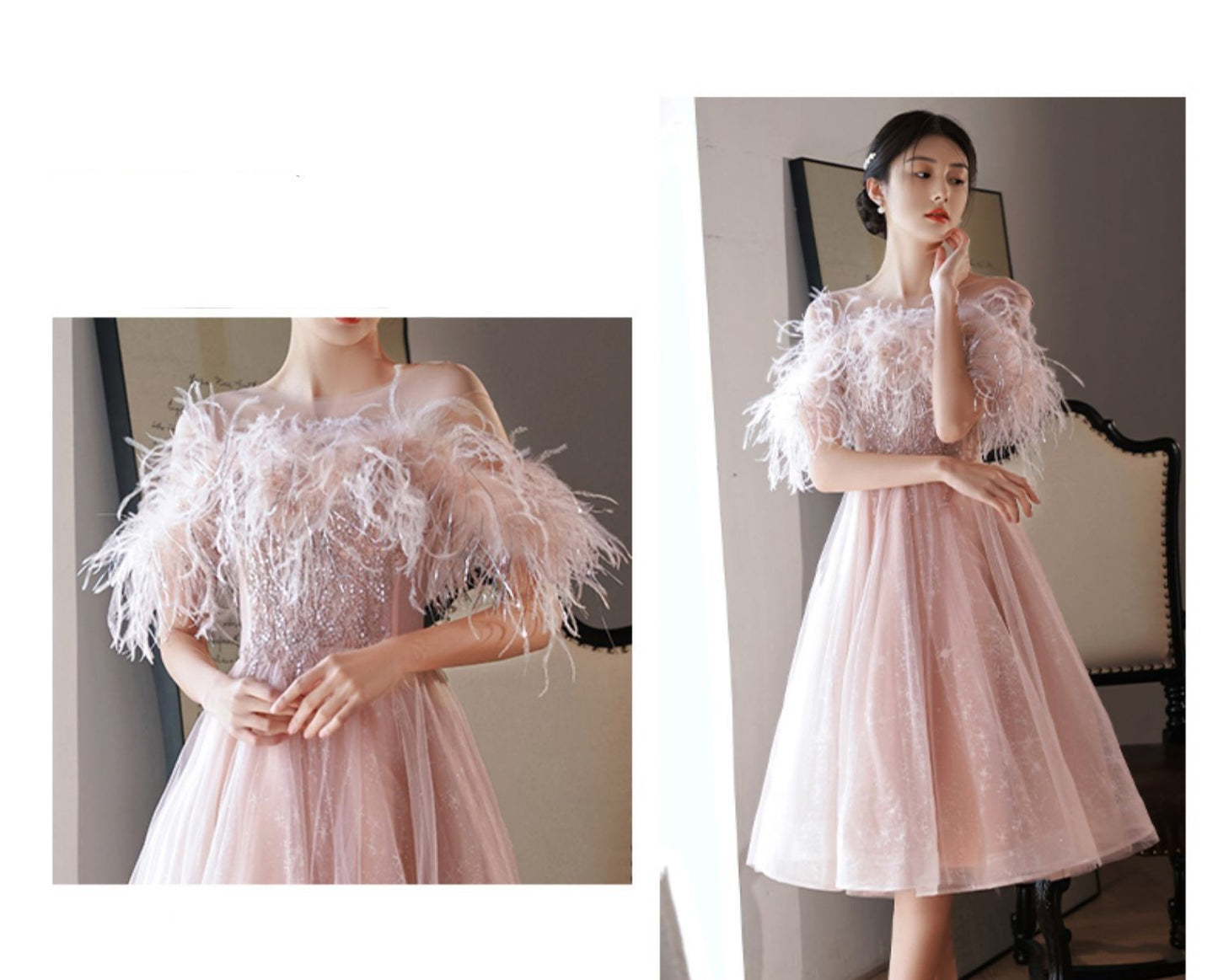 Niche High-end French Style Feather Evening Dress For Women